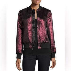 Cinq à Sept Venus Lamé Bomber Jacket Wine Metallic Satin Trim Size XS